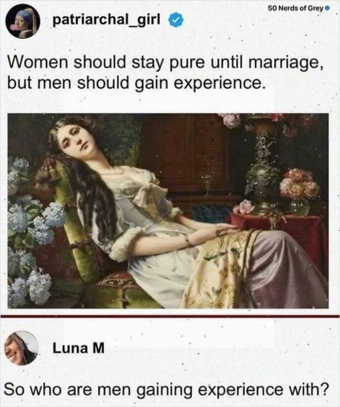 A funny internet moment screenshot showing a meme about men and women's purity, with a clever reply.