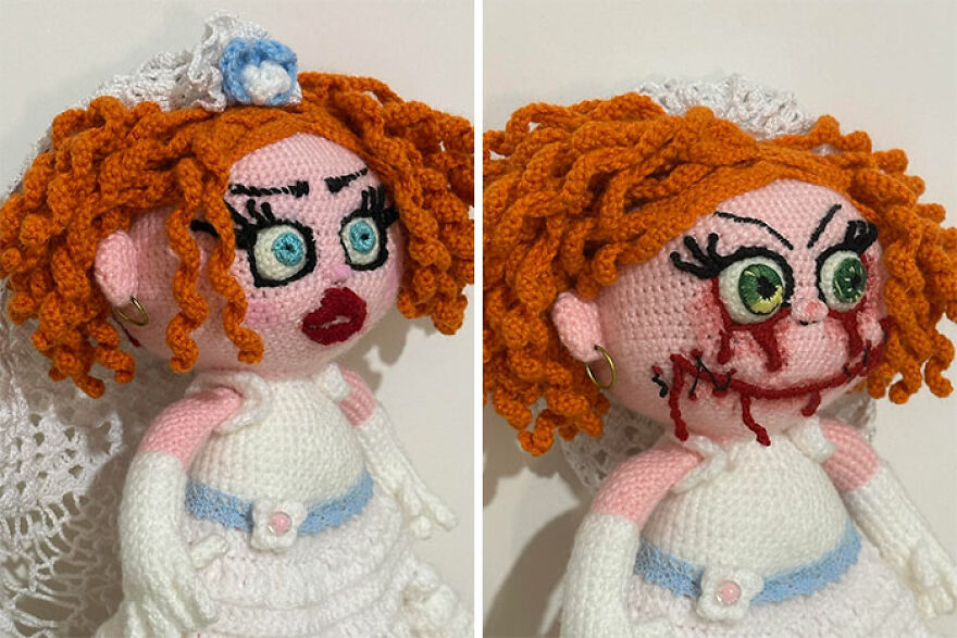Two views of a crochet doll, one as a bride and the other with a bloodied, menacing face.
