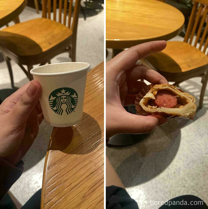 A split image showing a small Starbucks cup on the left and a hand holding a pastry with a hot dog inside on the right, representing wholesome images.