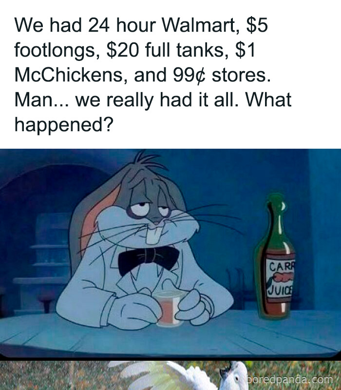 A nostalgic meme of Bugs Bunny looking sad while drinking carrot juice and reminiscing about the '90s.