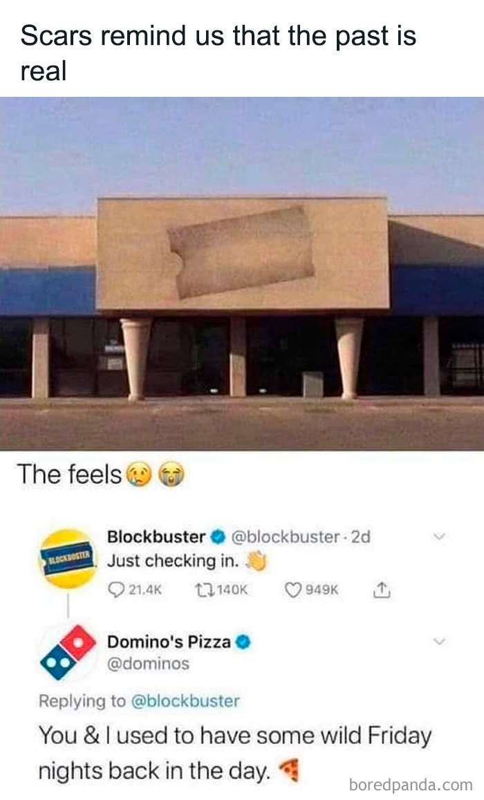 A '90s kid nostalgic meme showing an old Blockbuster store sign and a tweet exchange about past Friday nights.