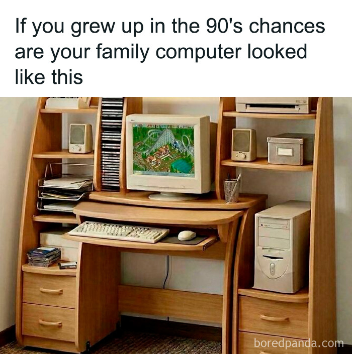 A 90s kid meme showing a classic 90s computer desk setup, bringing back nostalgic childhood memories.