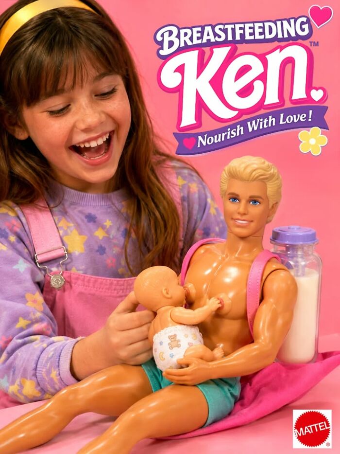 A young girl happily looks at a Breastfeeding Ken figurine, a doll feeding a baby from his chest.