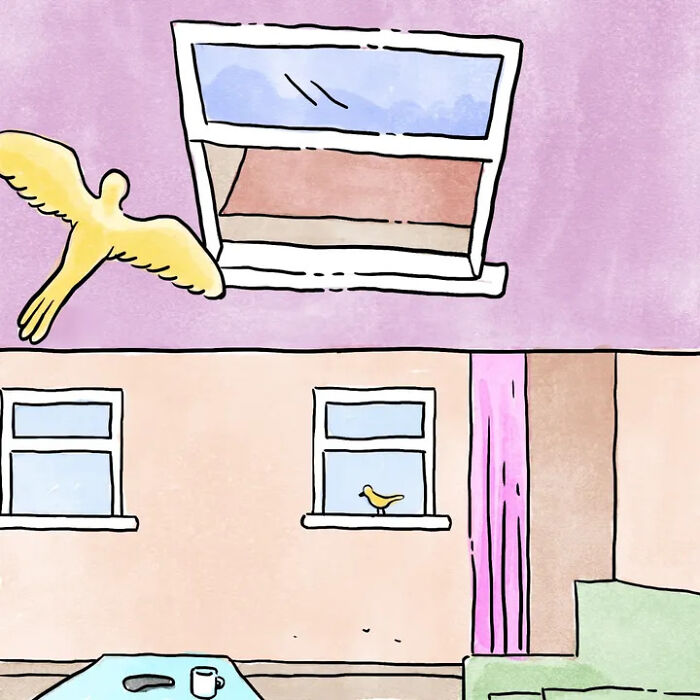 Heartwarming comics capture life with pets, showing a bird flying into a room through an open window. Heartwarming comics capture life with pets, showing a bird flying into a room through an open window.