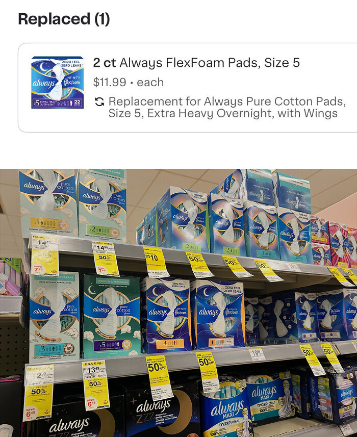 Questionable Instacart shoppers replacing feminine hygiene products with different brands.