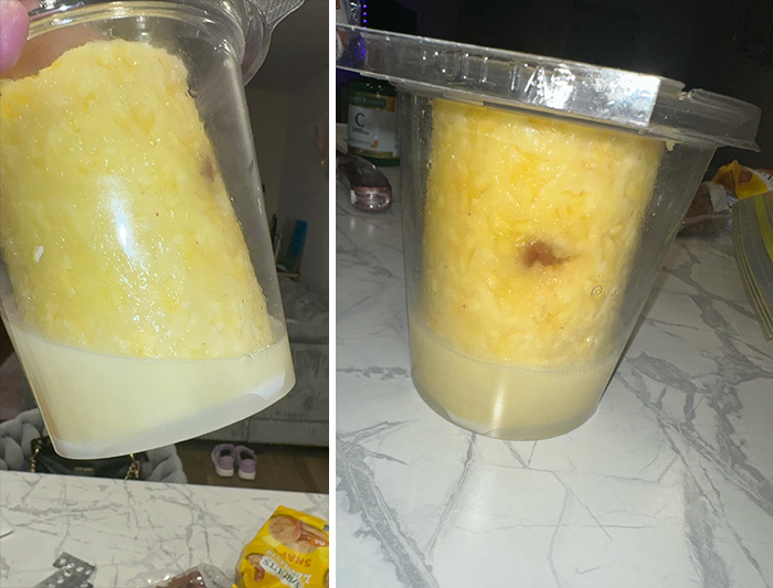 Two images show a cup of what appears to be mashed potatoes with a layer of liquid at the bottom, highlighting questionable Instacart shopper deliveries.