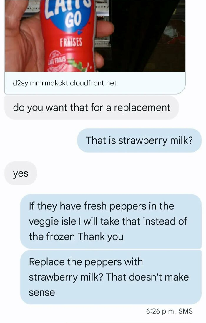 A text message exchange where an Instacart shopper suggests replacing peppers with strawberry milk, demonstrating a questionable Instacart shopper choice.