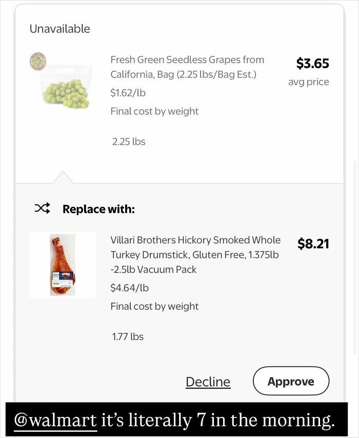 An Instacart app screen showing a questionable replacement of green grapes with a turkey drumstick, highlighting an Instacart shopper issue.