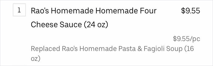 Questionable Instacart shoppers replacing Rao's soup with cheese sauce, a suspicious substitution.