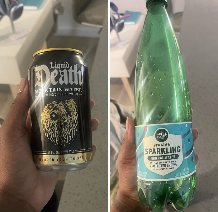 A split image showing a Liquid D***h mountain water can and a Whole Foods Italian sparkling mineral water bottle, highlighting questionable Instacart shopper swaps.
