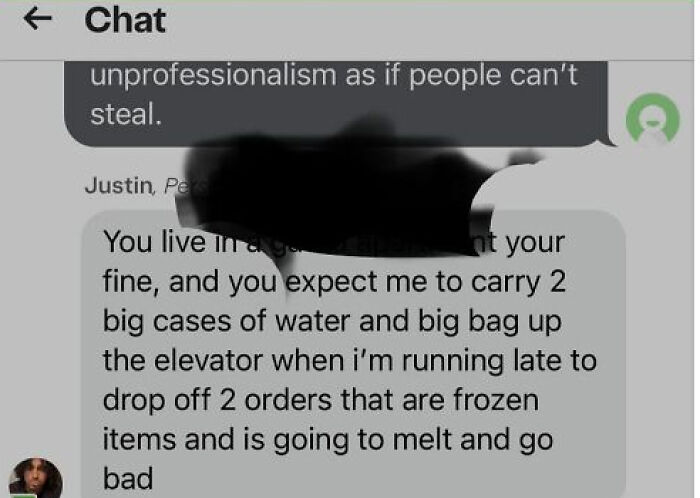 A chat message from an Instacart shopper complaining about carrying water cases and running late, showcasing questionable Instacart shopper behavior.