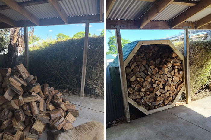Before and after DIY improvements of a firewood pile, organized into a neat, geometric wood storage rack under a shelter.
