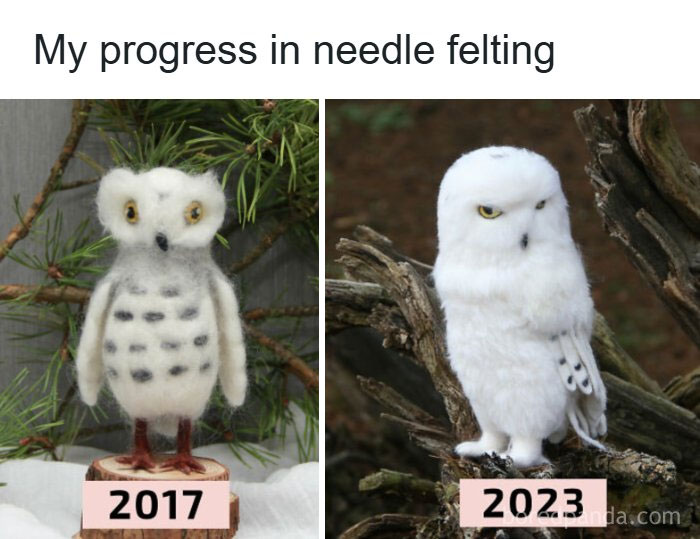 Before-and-after image showing needle felting progress, from a 2017 owl to a detailed 2023 owl. Amazing crafts.