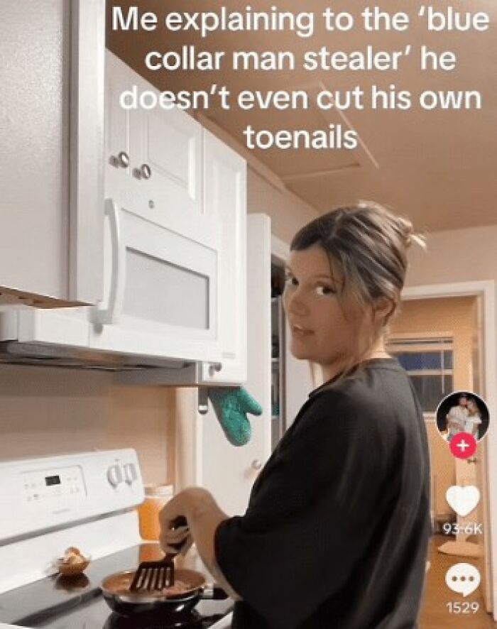 A woman in a kitchen making a point about blue-collar husbands and their self-care habits for a new trend. A woman in a kitchen making a point about blue-collar husbands and their self-care habits for a new trend.