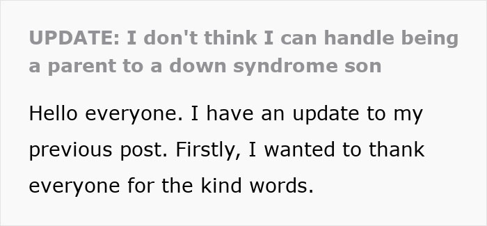 A Reddit post update about a mom's confession of having a baby with Down Syndrome.