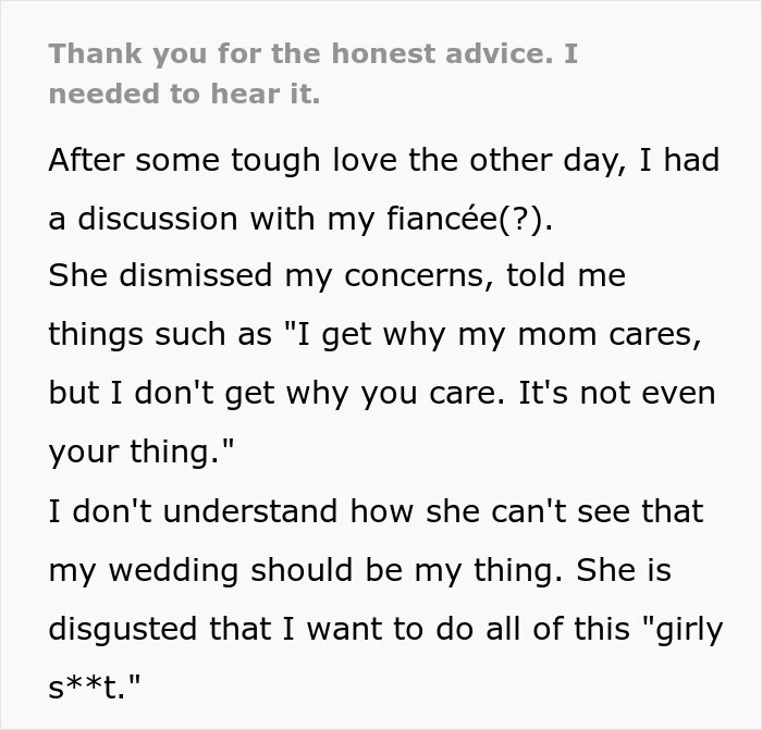 A Reddit post detailing a bride's discussion with her fiancée about wedding concerns and future MIL issues. A Reddit post detailing a bride's discussion with her fiancée about wedding concerns and future MIL issues.