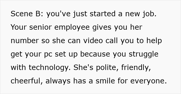 Image of text describing Scene B, a coworker giving her number for tech help at a new job.