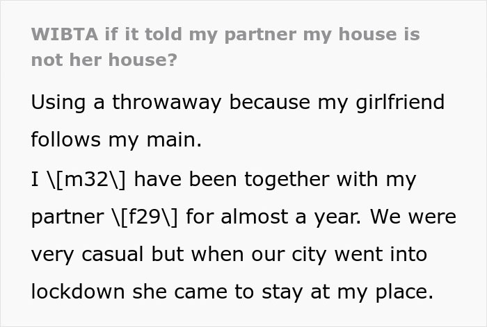 Screenshot of text discussing a partner moving into a guy's house and ignoring boundaries.