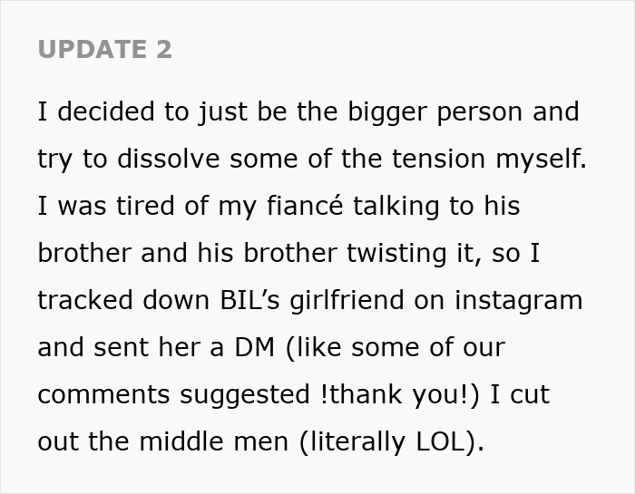 A screenshot of an update post describing how a person contacted BIL's girlfriend directly about a wedding dispute. A screenshot of an update post describing how a person contacted BIL's girlfriend directly about a wedding dispute.