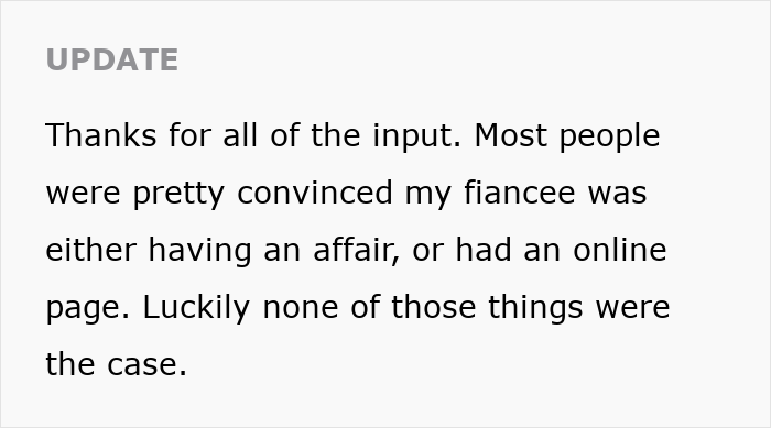 The image shows an update stating that theories about the man's fiancée and a fancy laptop were incorrect. The image shows an update stating that theories about the man's fiancée and a fancy laptop were incorrect.