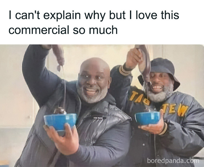 Two smiling Gen X men enthusiastically pouring chocolate syrup over ice cream in a meme.