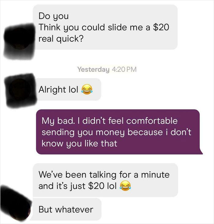A wild online dating screenshot showing a user asking for twenty dollars and being denied.