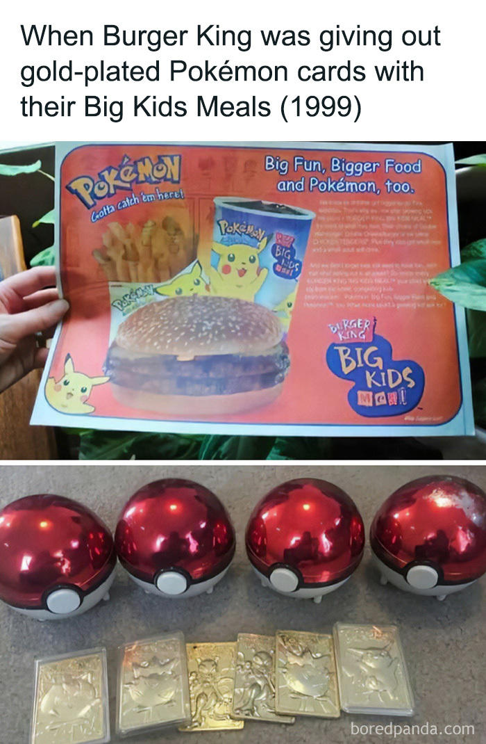 Burger King advertisement for Pokemon cards with Big Kids Meals, along with physical cards and balls, for 90s and 00s nostalgia.