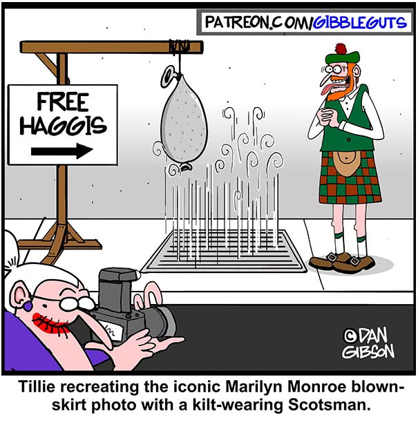 Dan Gibson comic: Tillie photographs a kilt-wearing Scotsman recreating the Marilyn Monroe pose, proving growing older doesn't mean growing up.