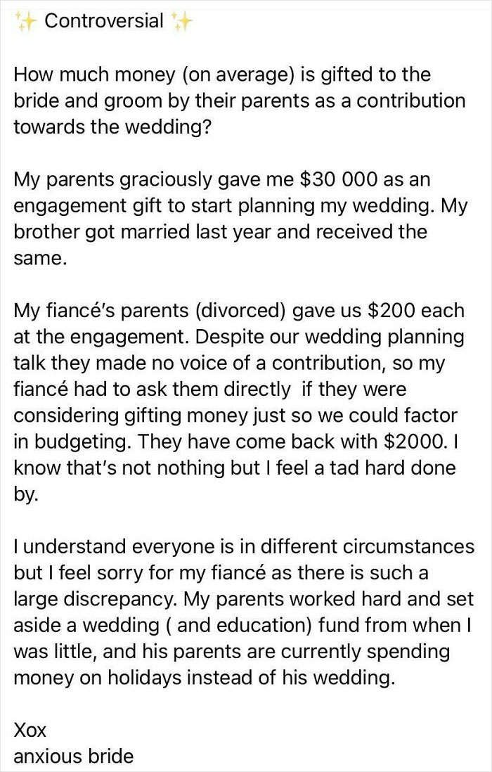 A post by an anxious bride sharing her wedding day nightmare about a significant financial discrepancy in wedding contributions from parents.