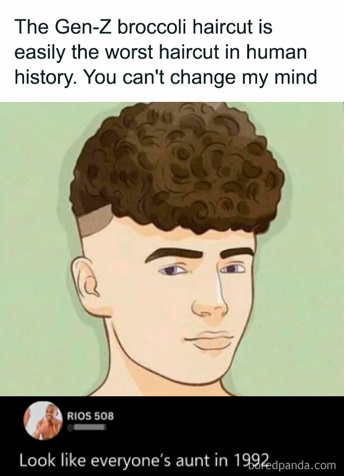 An illustration of the Gen-Z broccoli haircut, described as the worst haircut, providing random jokes.