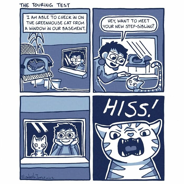A comic series showing a cat peering into a room from a window and an artist introducing a new cat. A comic series showing a cat peering into a room from a window and an artist introducing a new cat.