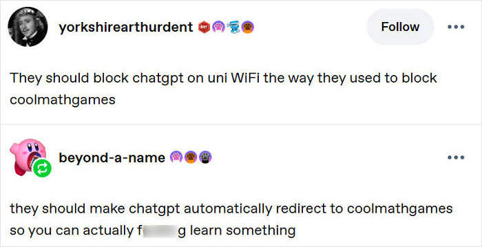 A Tumblr post about blocking ChatGPT on university WiFi, comparing it to blocking Cool Math Games. One of the best things shared on Tumblr.