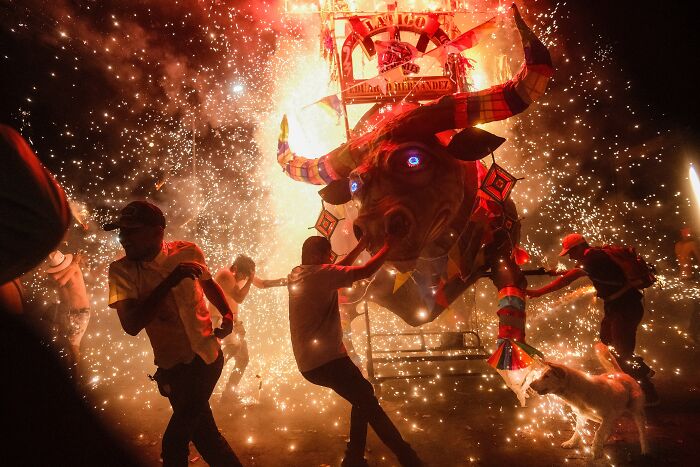 People watching fireworks light up a bull structure at night, a street photo from the Macadam Awards.