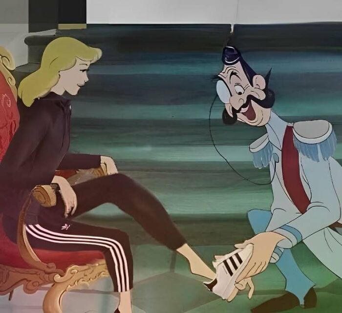 Eastern Europe Cinderella meme: A royal servant fitting an Adidas shoe on Cinderella, who is dressed in an Adidas tracksuit.