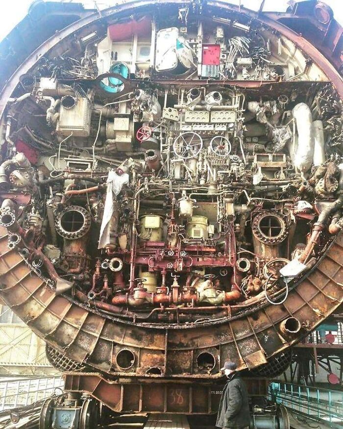 Surprising photo of a massive submarine object cut in half, exposing a complex array of machinery, pipes, and compartments.