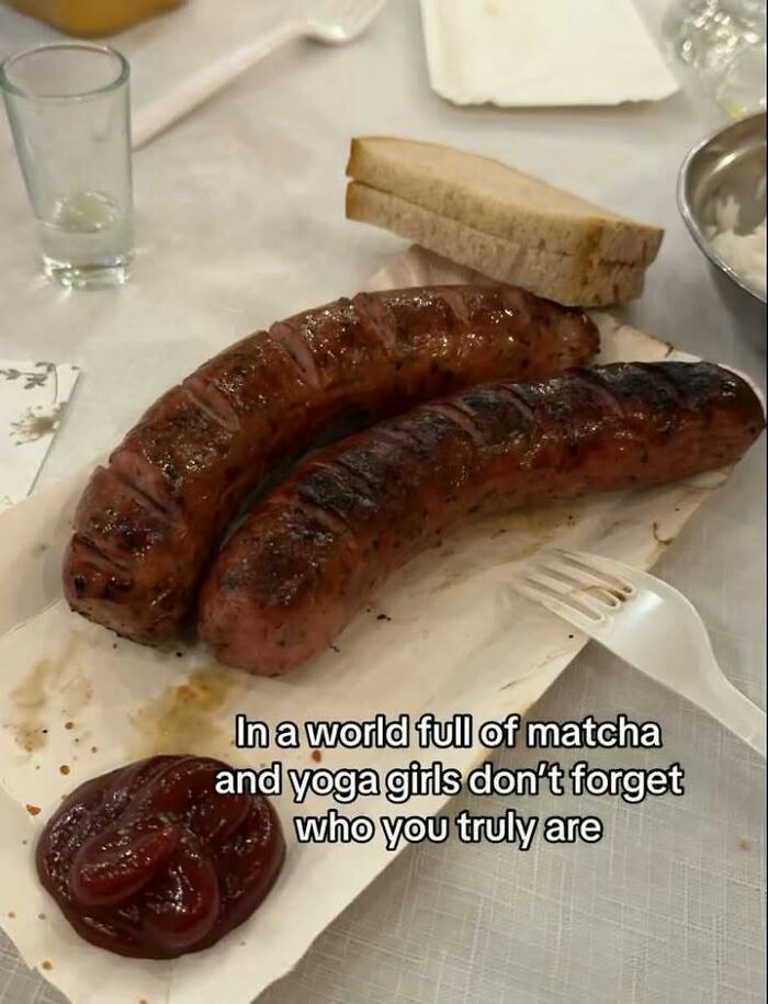 Eastern Europe meme: Two large grilled sausages with a slice of bread and ketchup, highlighting Eastern European food culture.