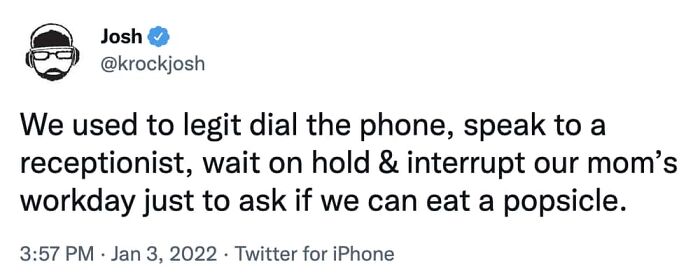 A surprisingly honest post by Josh on Twitter about calling a receptionist to ask for a popsicle.