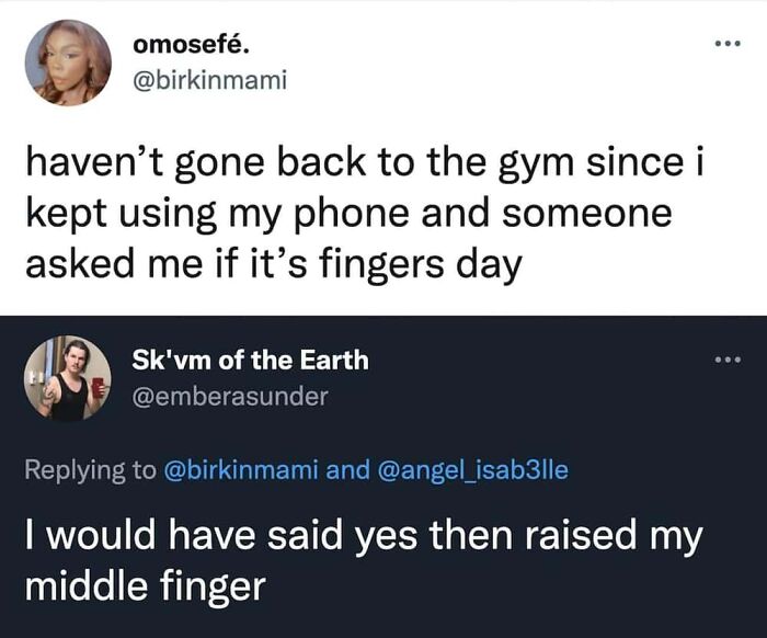 A surprisingly honest post about not going to the gym and a reply with a humorous response.