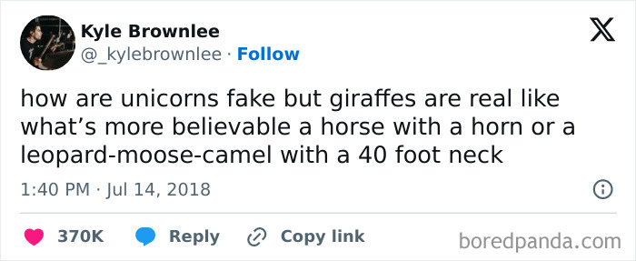 A surprisingly honest post by Kyle Brownlee questioning the realism of unicorns versus giraffes.