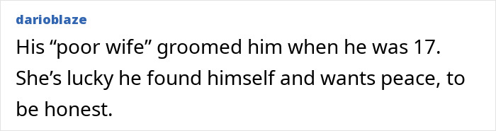 Screenshot of Reddit comment about a rock star's marriage, stating he was groomed and found himself after coming out as gay.
