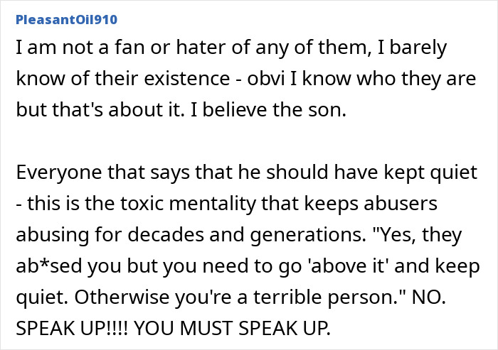 A social media comment from PleasantOil910 about the Beckham wedding, stating that toxic mentality keeps abusers abusing. A social media comment from PleasantOil910 about the Beckham wedding, stating that toxic mentality keeps abusers abusing.
