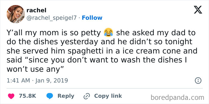 A Twitter post from rachel sharing a surprisingly honest post about her mom's petty spaghetti revenge.