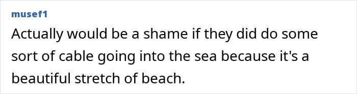 A comment mentioning a beautiful beach where an undersea cable reroute was proposed, involving Harry Potter fans.
