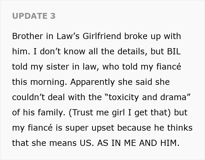 A text update on a wedding dispute, discussing a breakup due to family toxicity. A text update on a wedding dispute, discussing a breakup due to family toxicity.