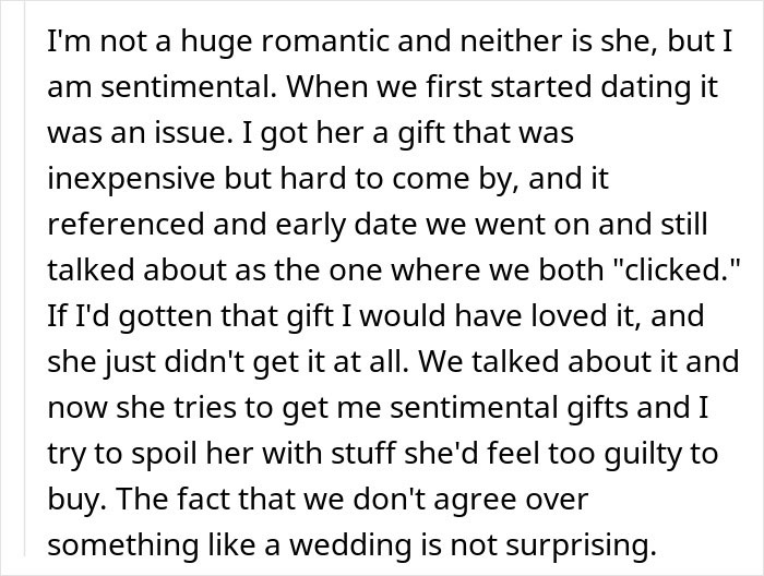 A bride explains her relationship with her fiancée, noting their different views on sentimental gifts and wedding planning. A bride explains her relationship with her fiancée, noting their different views on sentimental gifts and wedding planning.