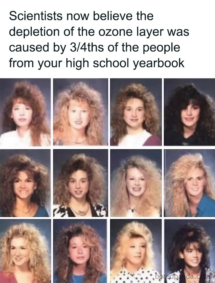 A meme with a grid of 12 yearbook photos featuring big 80s hair, depicting Gen X humor.