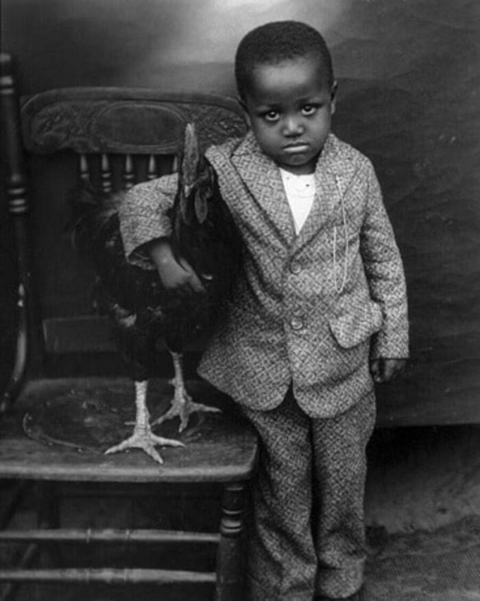 Vintage photo of a young boy holding a chicken, highlighting how animals have always stolen the spotlight.