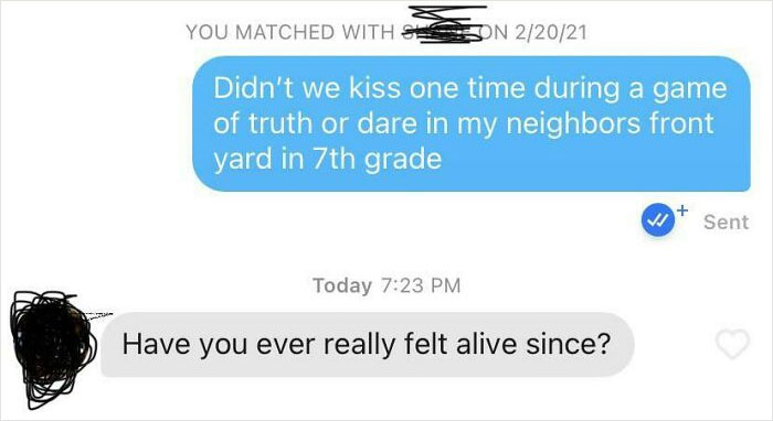 A cringey screenshot from an online dating conversation about a kiss in 7th grade, highlighting wild online dating.