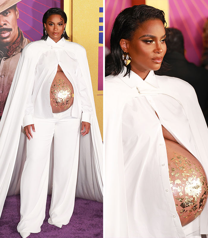 Ciara in an elegant white celebrity pregnancy ensemble with a gold-leaf painted belly, a unique and bold look.