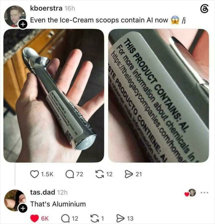A hand holding an ice cream scoop with a label that says This Product Contains: AI, a source of random jokes for a laugh.